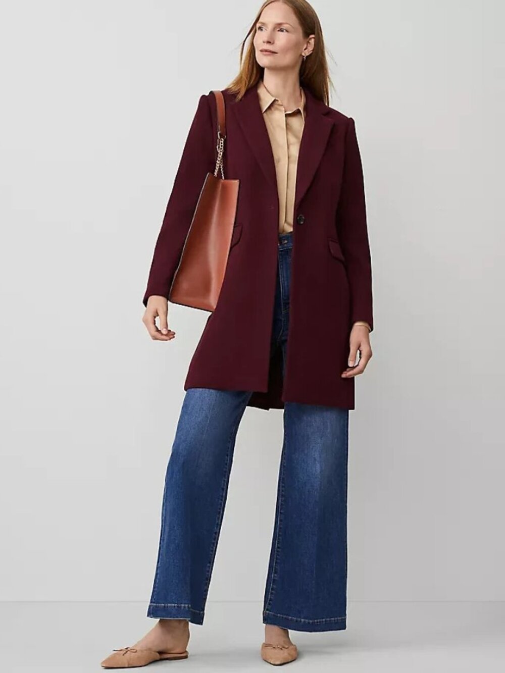 Ann Taylor Deep Burgundy Wine wool blend Chesterfield Long trench Coat, sz Lp